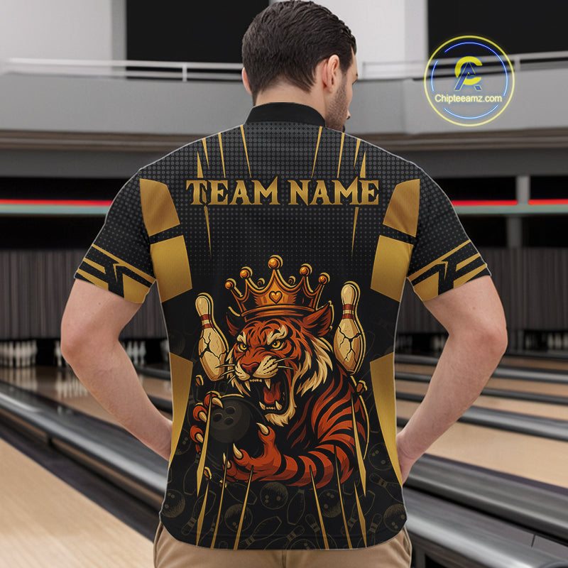 Personalized Black and Gold Tiger Bowling Shirt For Mens Custom Team bowling jerseys, gift for Bowler NQS10474