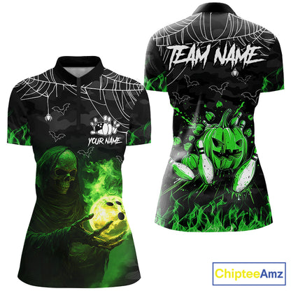 Black Bowling Camo Green flame Skull Custom Halloween Bowling Shirts For Women, Bowling Team Jerseys NQS8500