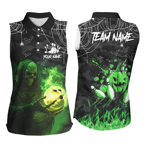 Black Bowling Camo Green flame Skull Custom Halloween sleeveless polo Shirts, Bowling Team Jerseys NQS8500