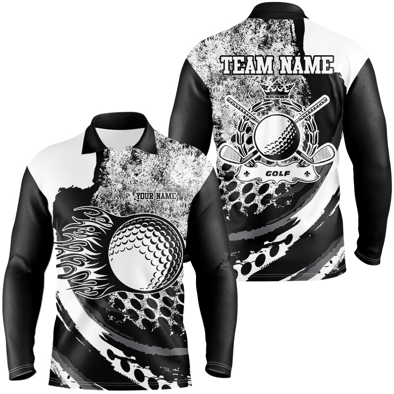 Black and White grunge Flame golf ball custom name Mens golf polo shirts, golf outfit for men NQS8506
