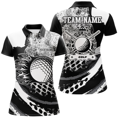 Black and White grunge Flame golf ball custom name Womens golf polo shirts, golf outfit for ladies NQS8506