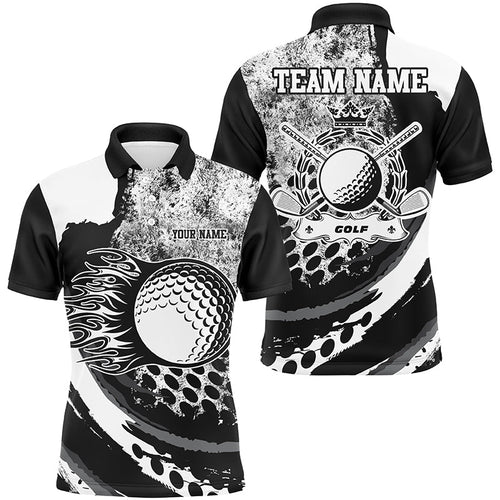 Black and White grunge Flame golf ball custom name Mens golf polo shirts, golf outfit for men NQS8506