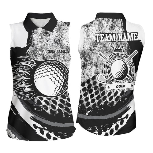 Black and White grunge Flame golf ball custom Womens sleeveless polo shirts, golf outfit for ladies NQS8506