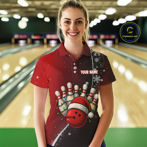 Custom Funny Christmas Bowling Shirts For Women, Black & Red Gradient Xmas Bowling Outfit Bowler Gift NQS10692