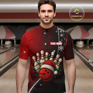 Custom Funny Christmas Bowling Shirts For Men, Black and Red Gradient Xmas Bowling Outfit Bowler Gift NQS10692