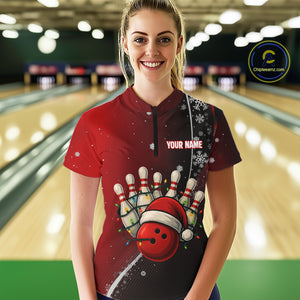 Custom Funny Christmas Bowling Shirts For Women, Black & Red Gradient Xmas Bowling Outfit Bowler Gift NQS10692