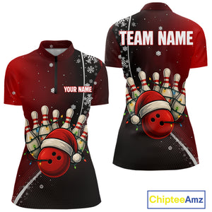 Custom Funny Christmas Bowling Shirts For Women, Black & Red Gradient Xmas Bowling Outfit Bowler Gift NQS10692