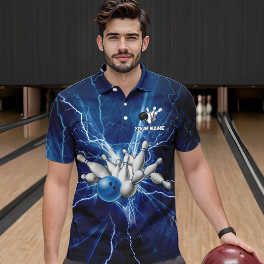 Mens polo bowling shirts Custom blue lightning thunder Bowling Team Jersey, gift for team Bowlers NQS6638