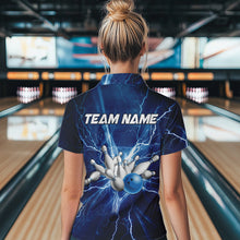 Load image into Gallery viewer, Women bowling polo shirts Custom blue lightning thunder Bowling Team Jersey, gift for team Bowlers NQS6638