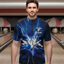 Load image into Gallery viewer, Men&#39;s bowling Quarter Zip shirts Custom blue lightning thunder Bowling Team Jersey, gift for Bowlers NQS6638