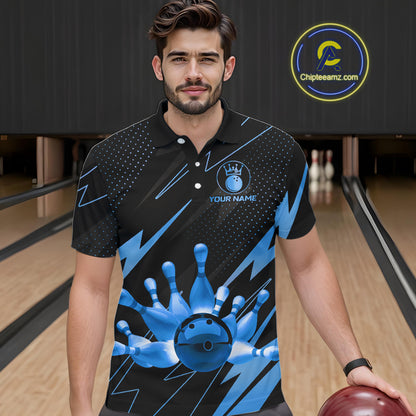 Custom Black and Blue Bowling Polo, Quarter Zip Shirts for Men, Team Bowling League Jersey NQS10892