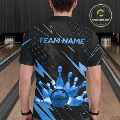 Custom Black and Blue Bowling Polo, Quarter Zip Shirts for Men, Team Bowling League Jersey NQS10892