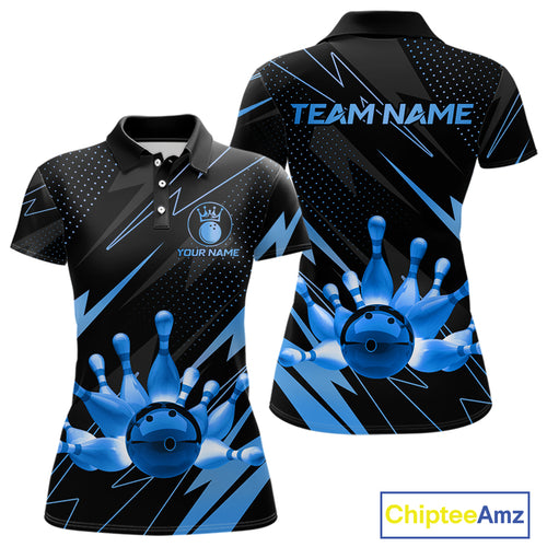 Custom Black and Blue Bowling Polo, Quarter Zip Shirts for Women, Team Bowling League Jersey NQS10892
