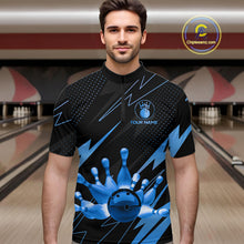 Load image into Gallery viewer, Custom Black and Blue Bowling Polo, Quarter Zip Shirts for Men, Team Bowling League Jersey NQS10892