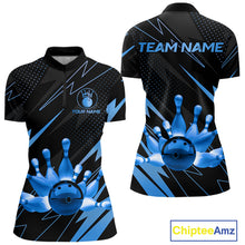 Load image into Gallery viewer, Custom Black and Blue Bowling Polo, Quarter Zip Shirts for Women, Team Bowling League Jersey NQS10892