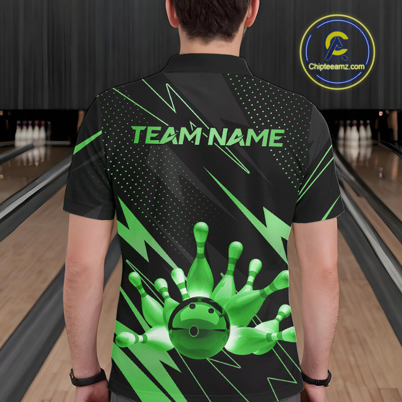 Custom Black and Green Bowling Polo, Quarter Zip Shirts for Men, Team Bowling League Jersey NQS10893