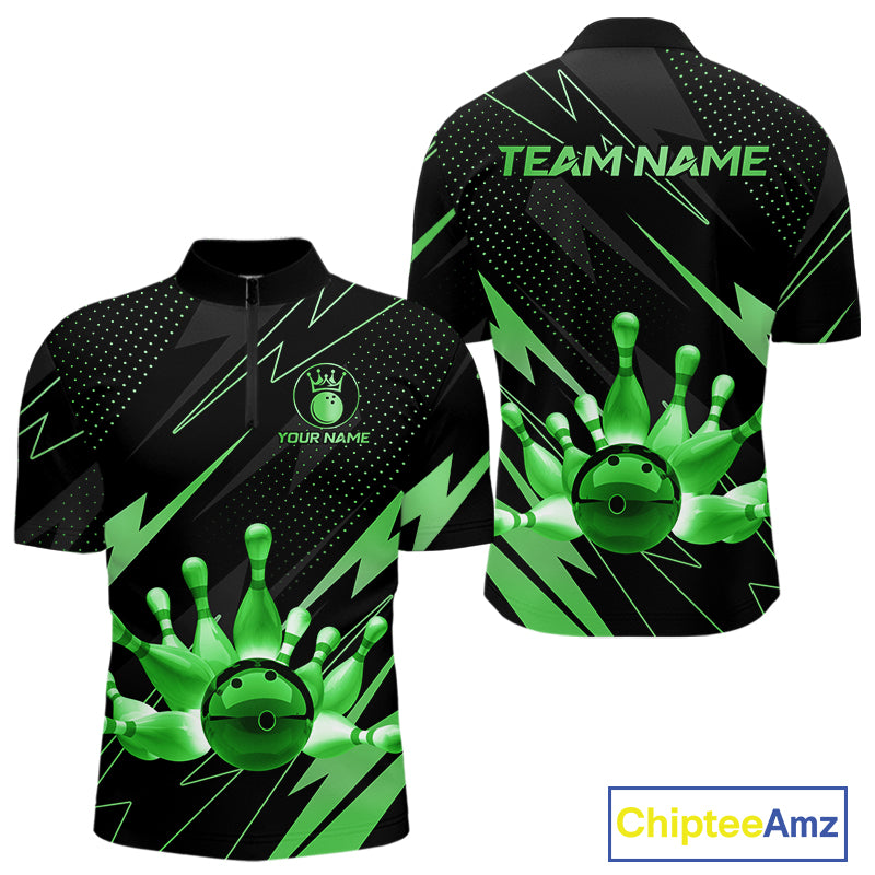 Custom Black and Green Bowling Polo, Quarter Zip Shirts for Men, Team Bowling League Jersey NQS10893