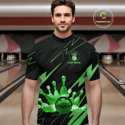 Custom Black and Green Bowling Polo, Quarter Zip Shirts for Men, Team Bowling League Jersey NQS10893