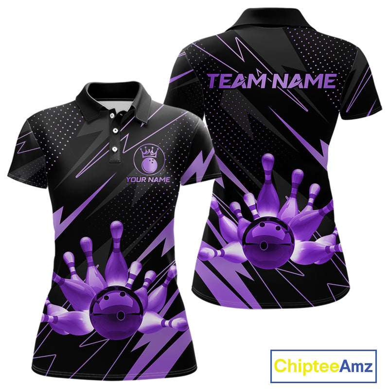 Custom Black and Purple Bowling Polo, Quarter Zip Shirts for Women, Team Bowling League Jersey NQS10894