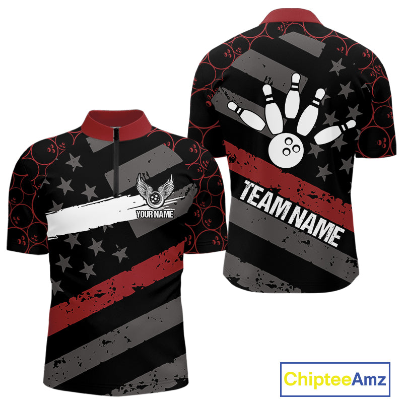 Black American flag Men bowling shirts Custom bowling camo Team Jerseys, gift for Bowlers | Red NQS10895