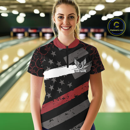 Black American flag Women bowling shirts Custom bowling camo Team Jerseys, gift for Bowlers | Red NQS10895