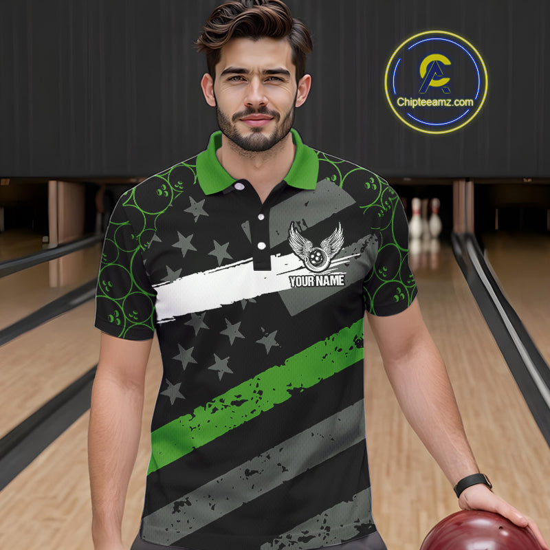 Black American flag Men bowling shirts Custom bowling camo Team Jerseys, gift for Bowlers | Green NQS10896