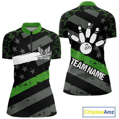 Black American flag Women bowling shirts Custom bowling camo Team Jerseys, gift for Bowlers | Green NQS10896