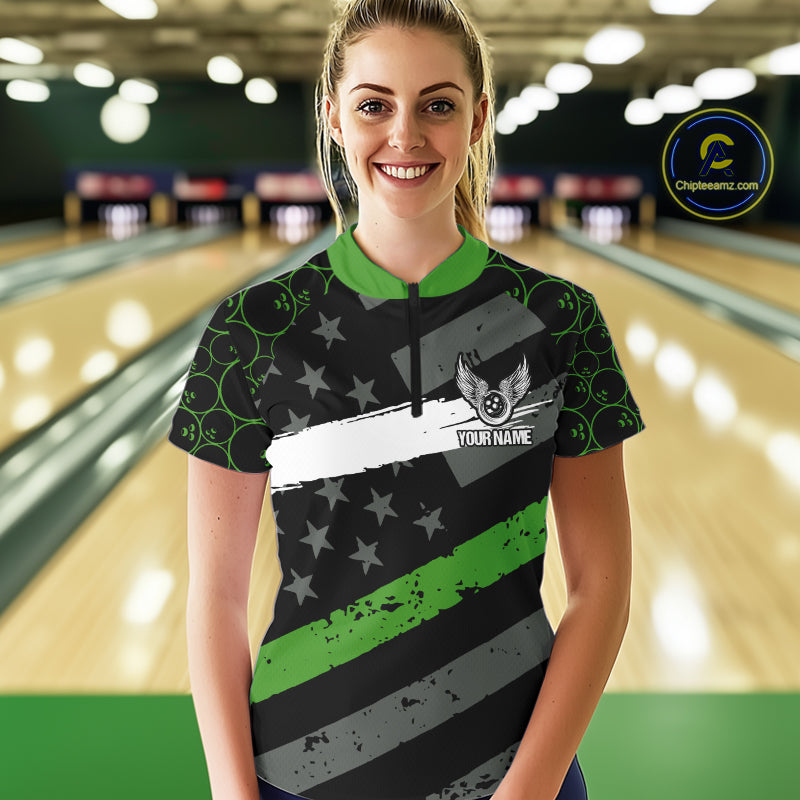 Black American flag Women bowling shirts Custom bowling camo Team Jerseys, gift for Bowlers | Green NQS10896