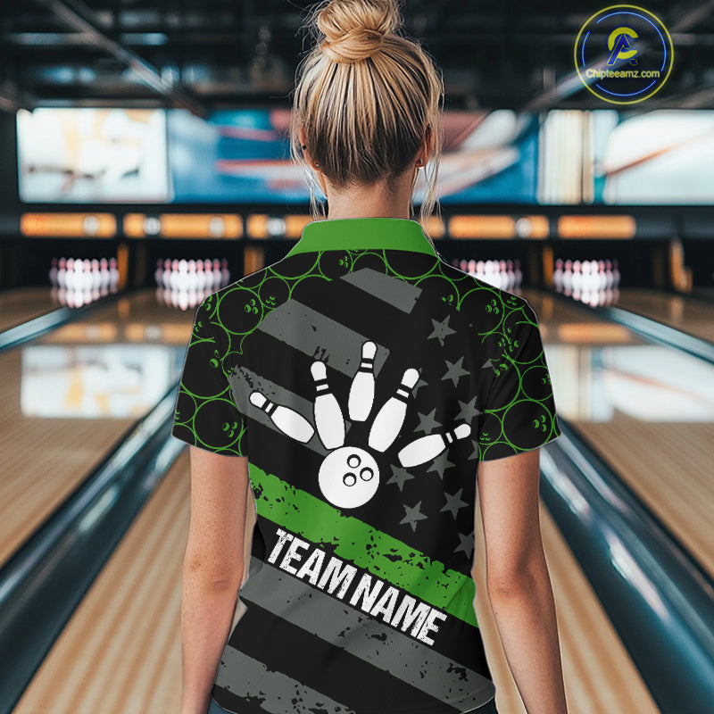 Black American flag Women bowling shirts Custom bowling camo Team Jerseys, gift for Bowlers | Green NQS10896