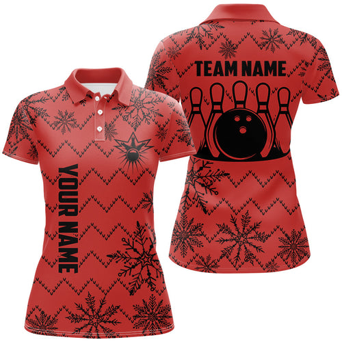 Red Ugly Christmas snowflake pattern Women Bowling Polo, 1/4 zip shirt Custom Xmas Team Bowling Jersey NQS8972