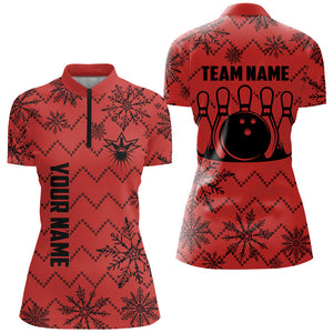 Red Ugly Christmas snowflake pattern Women Bowling Polo, 1/4 zip shirt Custom Xmas Team Bowling Jersey NQS8972