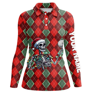 Funny Skull Christmas argyle plaid pattern Women golf polo shirt custom Christmas ladies golf outfits NQS8975