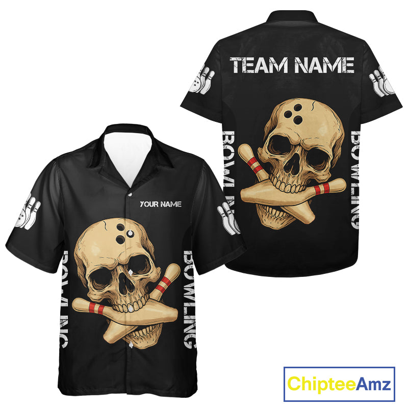 Personalized Skull Bowling Hawaiian Shirts Custom Team's Name Skull Bowler Jerseys | Black NQS11081