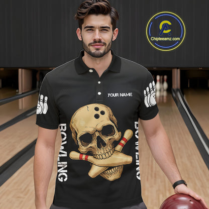 Personalized Skull Bowling Shirts For Men Custom Team's Name Skull Bowler Jerseys | Black NQS11081