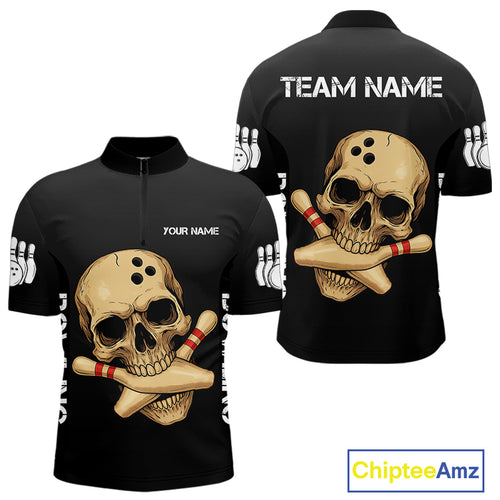Personalized Skull Bowling Shirts For Men Custom Team's Name Skull Bowler Jerseys | Black NQS11081