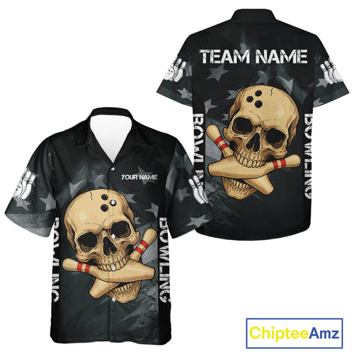 Personalized Black American Flag Skull Bowling Hawaiian Shirt Custom Team's Name Skull Bowler Jersey NQS11082