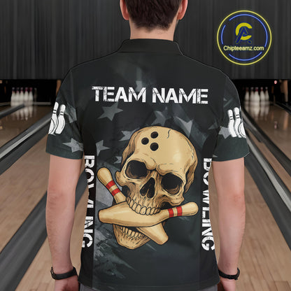 Personalized Black American Flag Skull Bowling Shirts For Men Custom Team's Name Skull Bowler Jerseys NQS11082