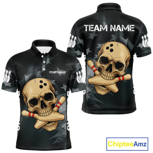 Personalized Black American Flag Skull Bowling Shirts For Men Custom Team's Name Skull Bowler Jerseys NQS11082
