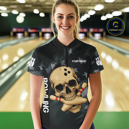 Personalized Black American Flag Skull Bowling Shirt For Women Custom Team's Name Skull Bowler Jersey NQS11082