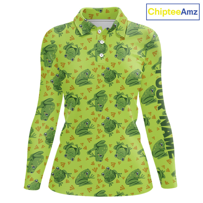 Funny Green Frog pattern Golf polo shirt for Women Custom ladies golf top, personalized golf gifts NQS11284