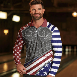 American Flag Gray Camo Bowling Polo, Quarter Zip shirts for men Custom patriotic Team bowling jerseys NQS9404