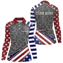 Load image into Gallery viewer, American Flag Gray Camo Bowling Polo, Quarter Zip shirt for Women Custom patriotic Team bowling jersey NQS9404