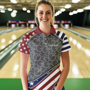 American Flag Gray Camo Bowling Polo, Quarter Zip shirt for Women Custom patriotic Team bowling jersey NQS9404