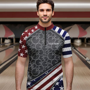 American Flag Gray Camo Bowling Polo, Quarter Zip shirts for men Custom patriotic Team bowling jerseys NQS9404