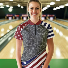 Load image into Gallery viewer, American Flag Gray Camo Bowling Polo, Quarter Zip shirt for Women Custom patriotic Team bowling jersey NQS9404