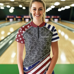 American Flag Gray Camo Bowling Polo, Quarter Zip shirt for Women Custom patriotic Team bowling jersey NQS9404