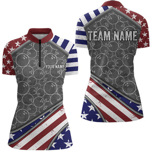 American Flag Gray Camo Bowling Polo, Quarter Zip shirt for Women Custom patriotic Team bowling jersey NQS9404