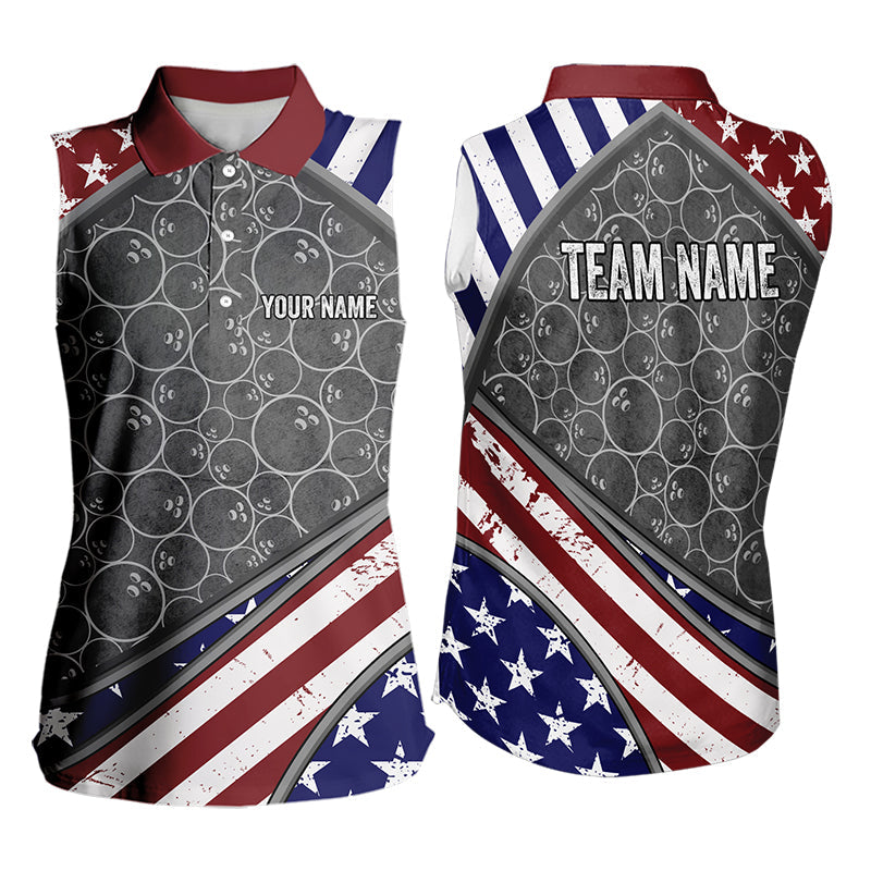 American Flag Gray Camo Bowling Sleeveless Polo shirt for Women Custom patriotic Team bowling jersey NQS9404