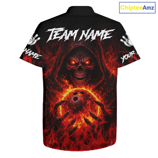 Black And Red Flame Skull Reaper hawaiian bowling shirts, Personalized button up bowling shirts NQS11491