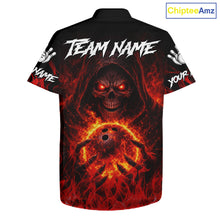 Load image into Gallery viewer, Black And Red Flame Skull Reaper hawaiian bowling shirts, Personalized button up bowling shirts NQS11491